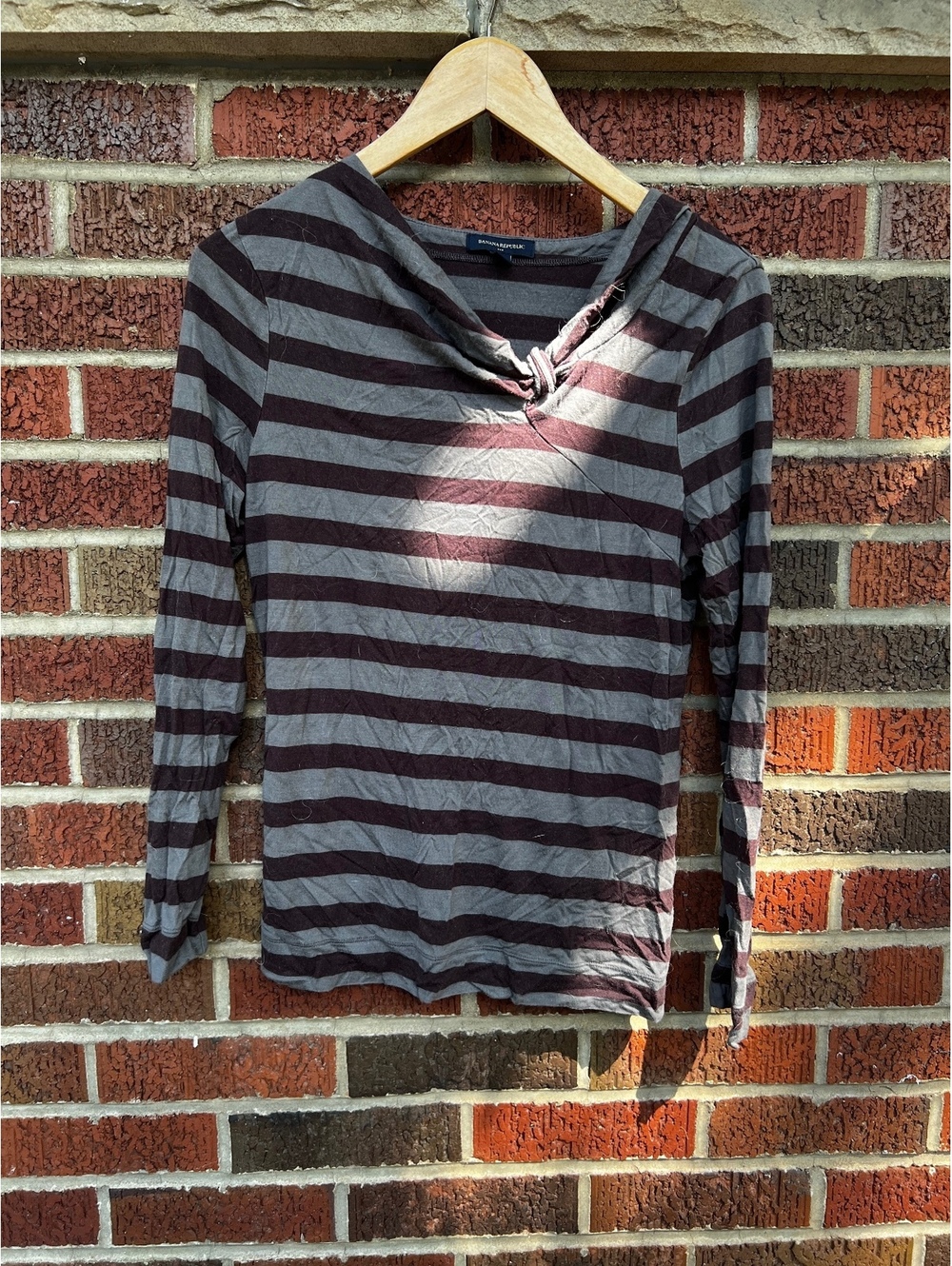 Banana Republic Gray and Black Striped Knotted Neck Long Sleeve Top